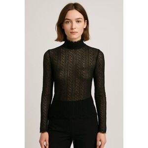 DEX Fresh Black‎ Lace Mock Neck Long Sleeve Fitted Top Sheer Blouse